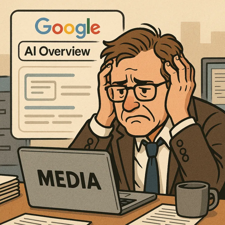 언론인이 사무실 책상에서 구글 AI 오버뷰 화면을 보며 머리를 감싸고 고민하는 모습